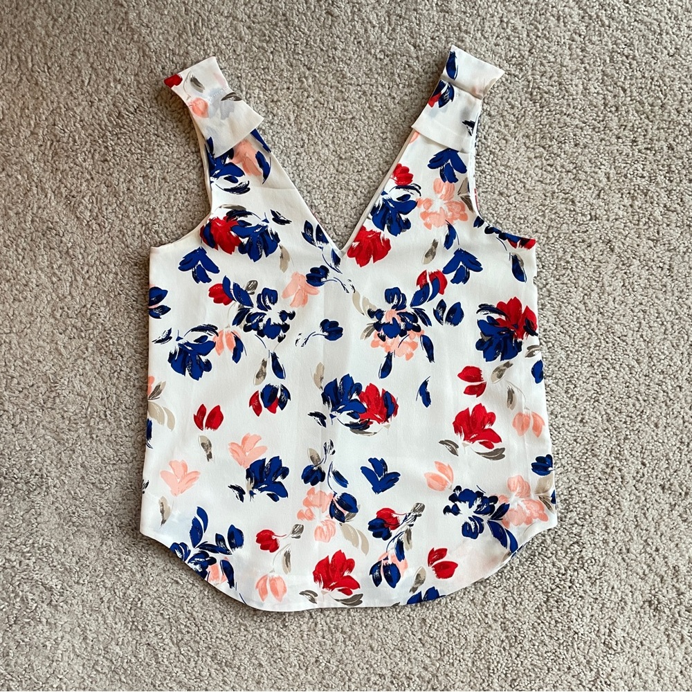Banana Republic Factory White Blue Peach Red Tan Floral V-Neck Top Size XS